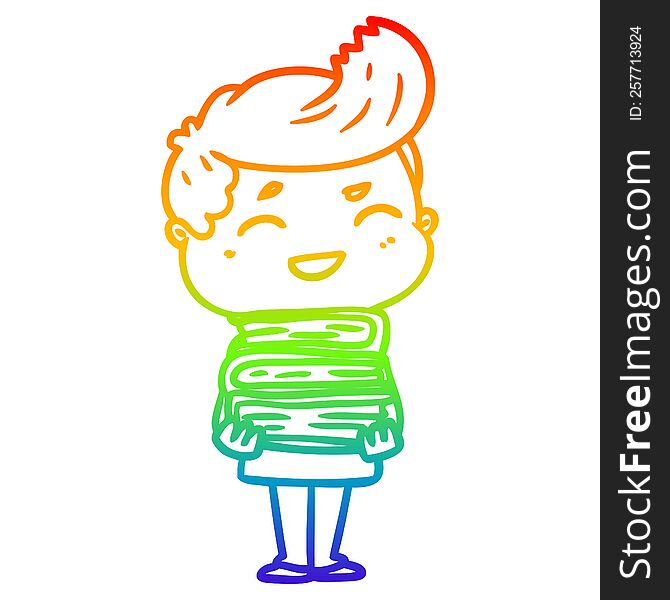 Rainbow Gradient Line Drawing Cartoon Man Laughing Holding Books