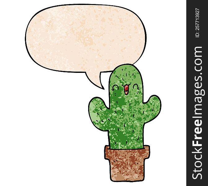 cartoon cactus and speech bubble in retro texture style