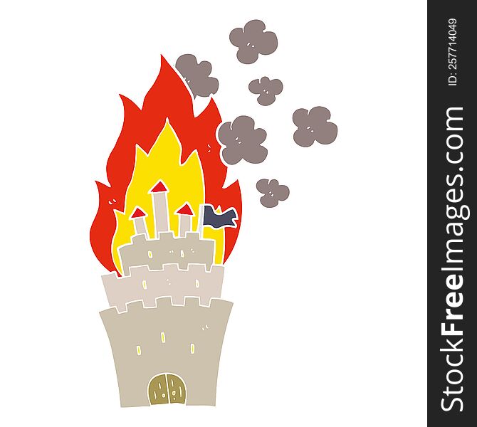 Flat Color Illustration Of A Cartoon Burning Castle