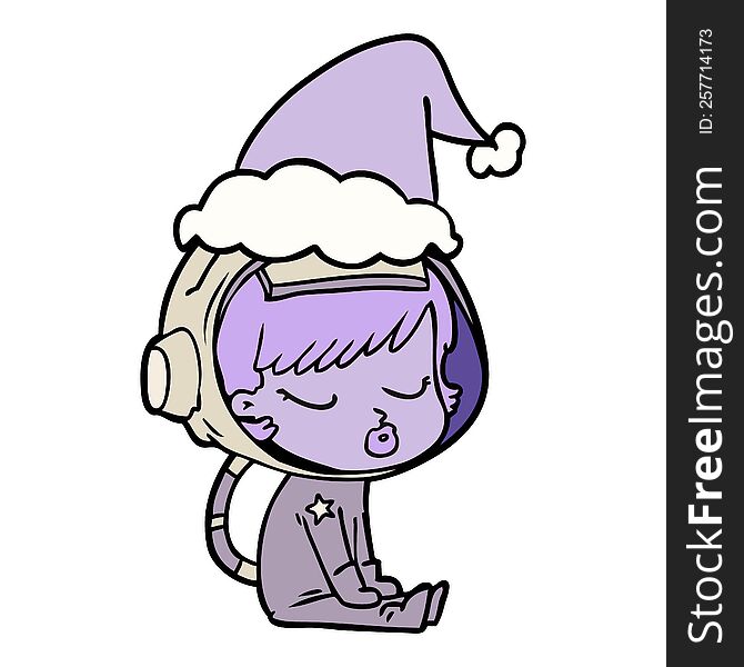 line drawing of a pretty astronaut girl sitting waiting wearing santa hat