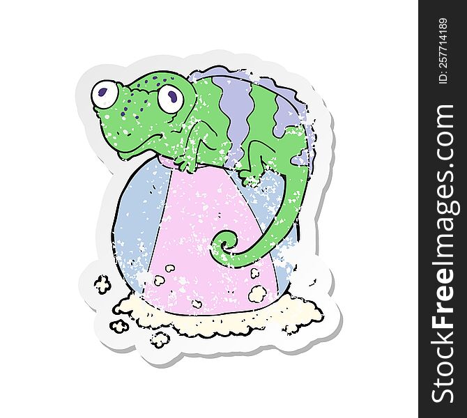 Retro Distressed Sticker Of A Cartoon Chameleon On Ball