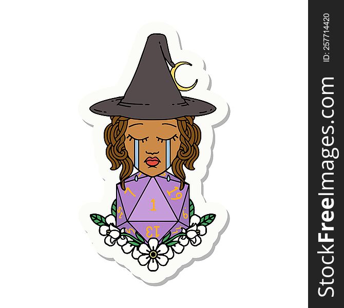 sticker of a crying human witch with natural one D20 dice roll. sticker of a crying human witch with natural one D20 dice roll