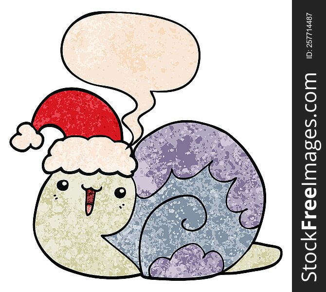 cute cartoon christmas snail with speech bubble in retro texture style