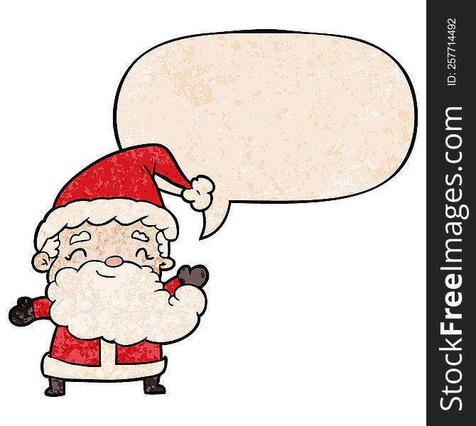cartoon santa claus with speech bubble in retro texture style