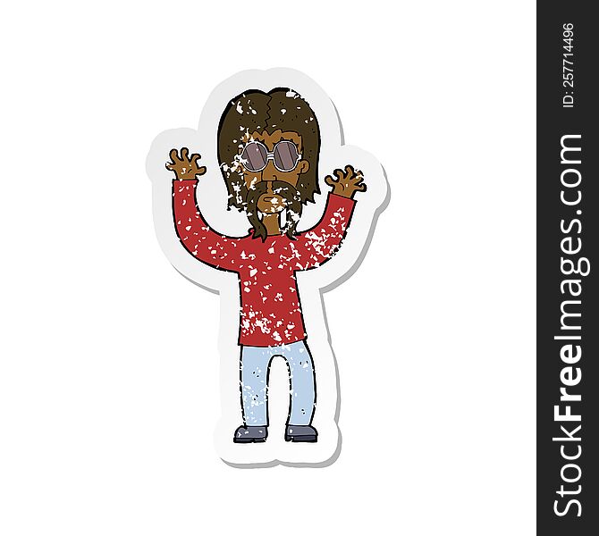 retro distressed sticker of a cartoon hippie man waving arms