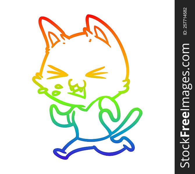 Rainbow Gradient Line Drawing Cartoon Running Cat Hissing