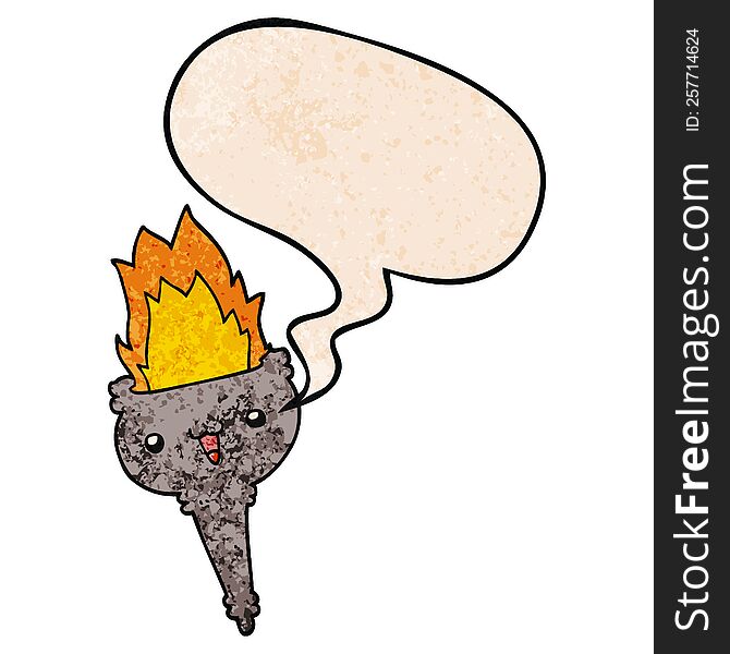 cartoon flaming chalice with speech bubble in retro texture style