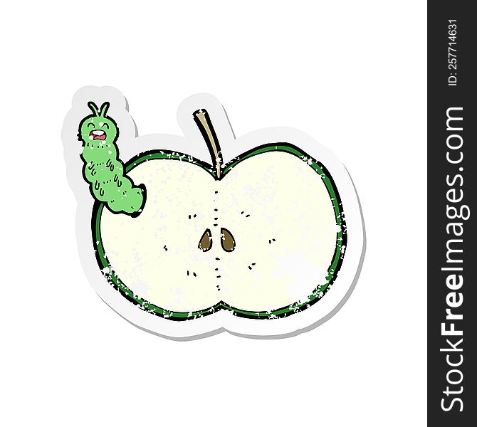 retro distressed sticker of a cartoon bug eating apple