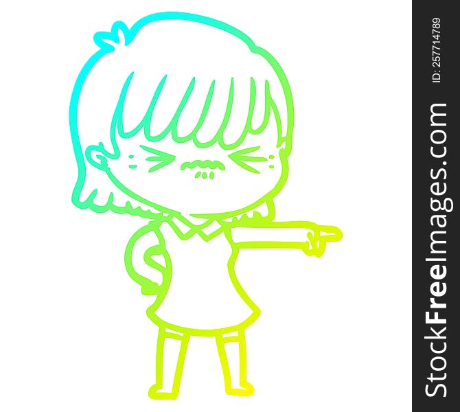 cold gradient line drawing of a annoyed cartoon girl blaming