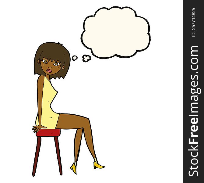 cartoon woman sitting on stool with thought bubble