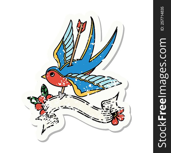 Grunge Sticker With Banner Of A Swallow Pieced By Arrow