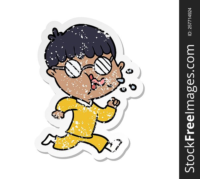 Distressed Sticker Of A Cartoon Boy Wearing Spectacles And Running