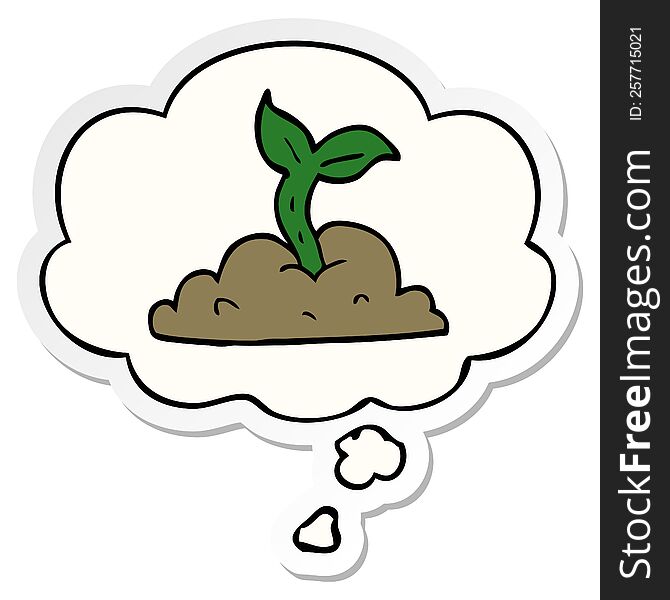 cartoon growing seedling with thought bubble as a printed sticker