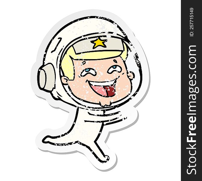 Distressed Sticker Of A Cartoon Laughing Astronaut