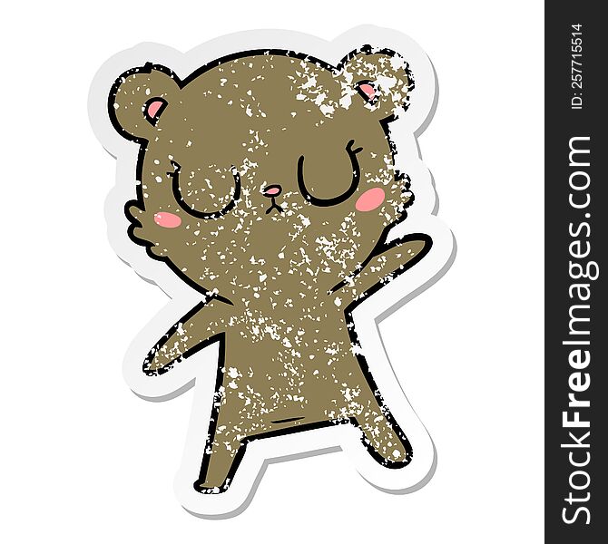 distressed sticker of a peaceful cartoon bear