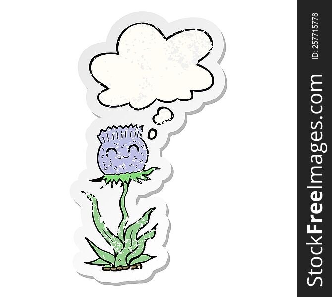 cartoon thistle and thought bubble as a distressed worn sticker