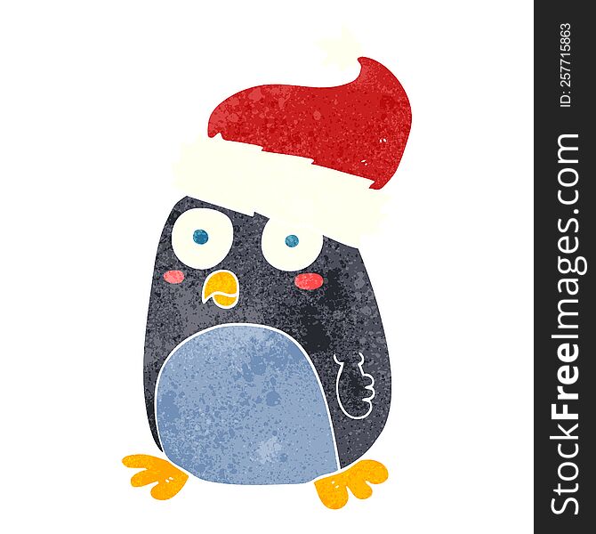 Retro Cartoon Penguin In Christmas Hat