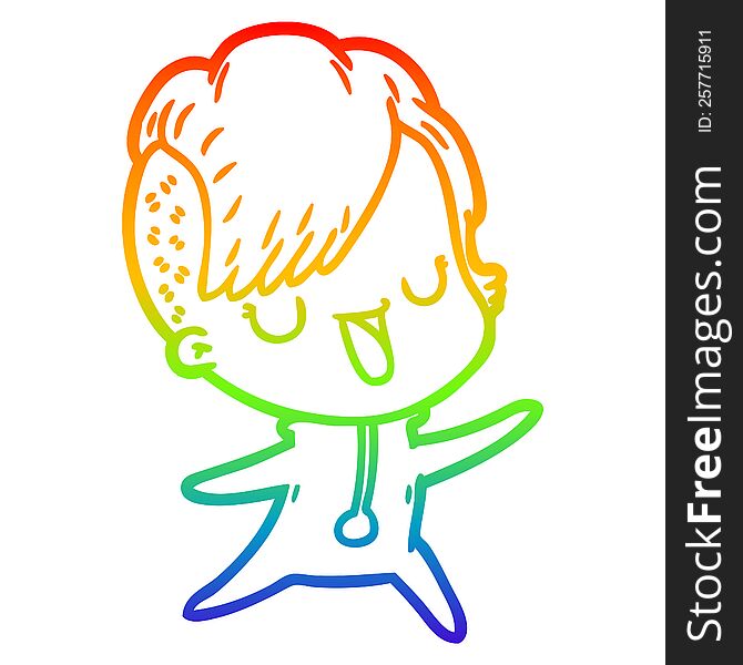 rainbow gradient line drawing of a cute cartoon girl with hipster haircut