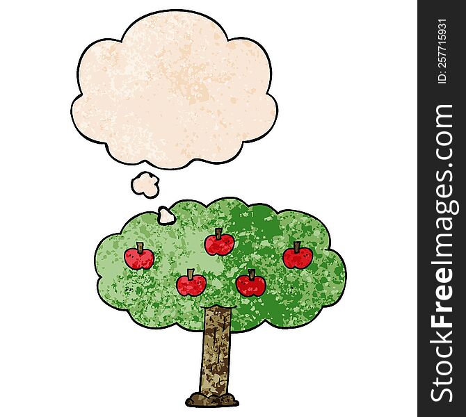 cartoon apple tree with thought bubble in grunge texture style. cartoon apple tree with thought bubble in grunge texture style