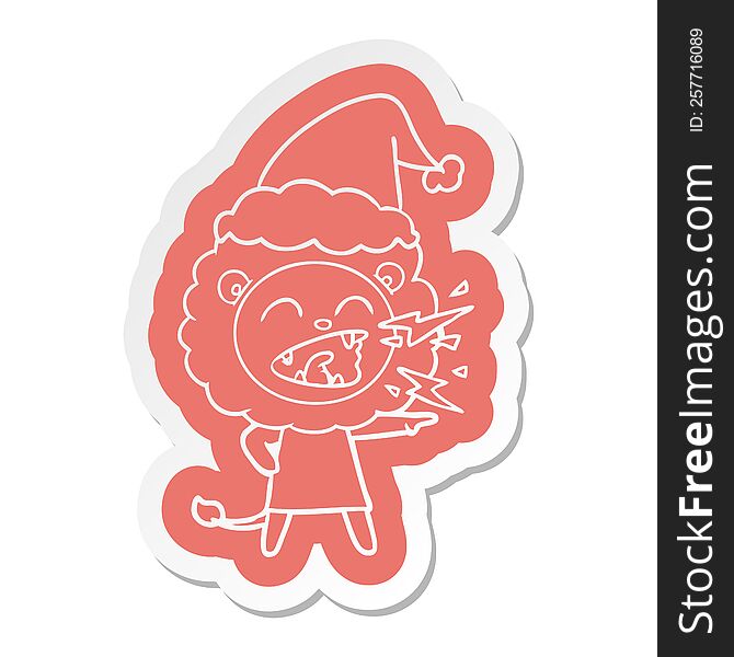 Cartoon  Sticker Of A Roaring Lion Girl Wearing Santa Hat
