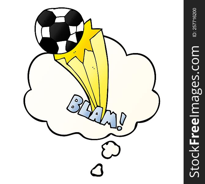 cartoon kicked soccer ball with thought bubble in smooth gradient style