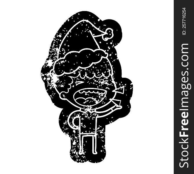 quirky cartoon distressed icon of a laughing man wearing santa hat