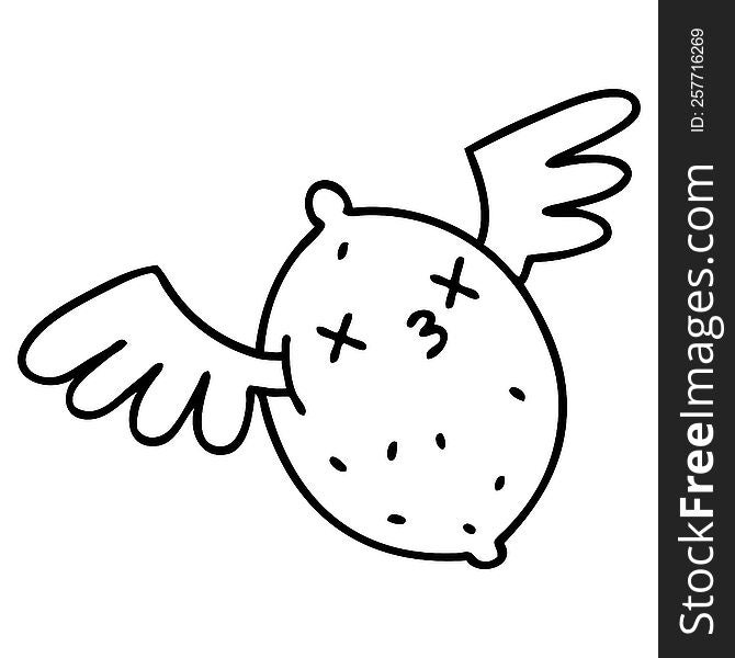 line doodle of a dead lemon flying up to heaven on angel wings