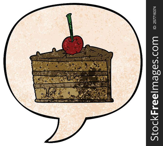 cartoon tasty chocolate cake and speech bubble in retro texture style