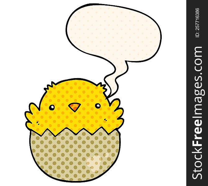 cartoon chick hatching from egg with speech bubble in comic book style