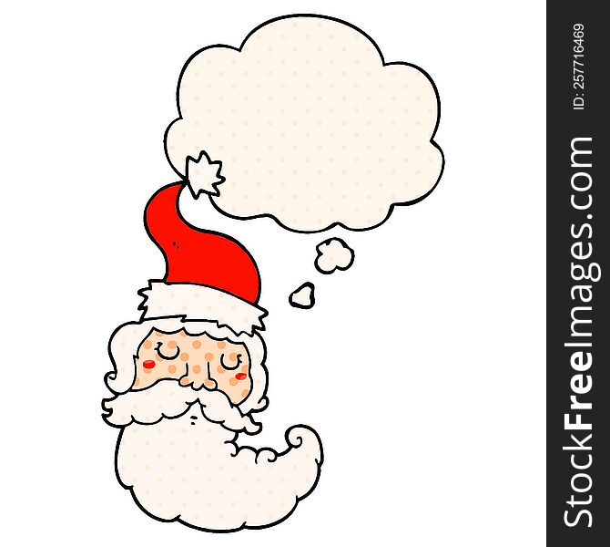 cartoon santa face with thought bubble in comic book style