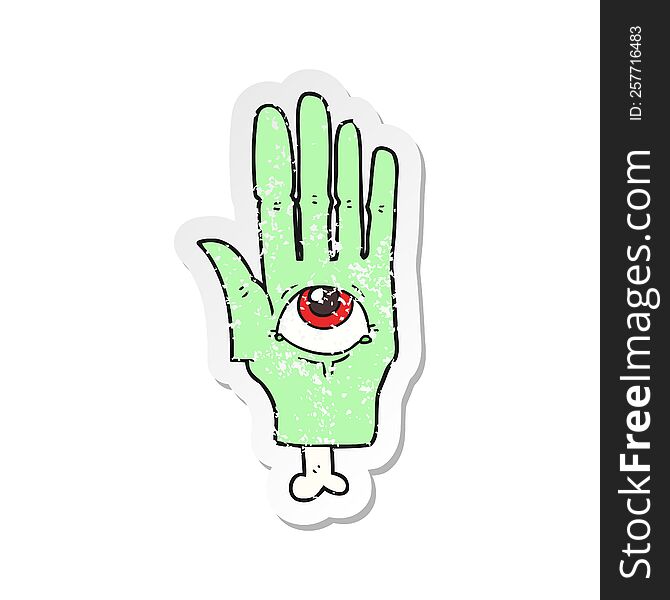 Retro Distressed Sticker Of A Cartoon Spooky Eye Hand
