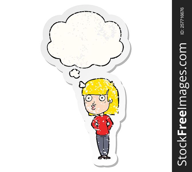 cartoon woman staring with thought bubble as a distressed worn sticker