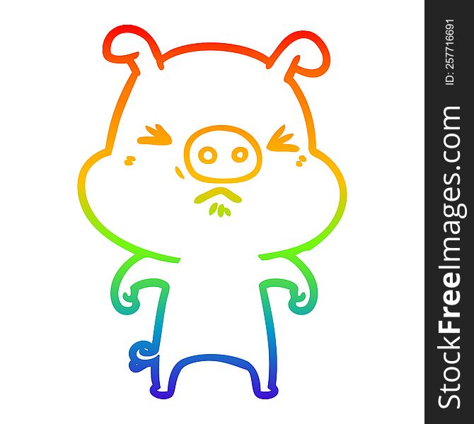 Rainbow Gradient Line Drawing Cartoon Angry Pig