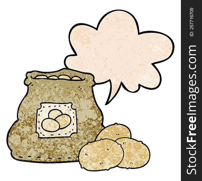 cartoon bag of potatoes with speech bubble in retro texture style