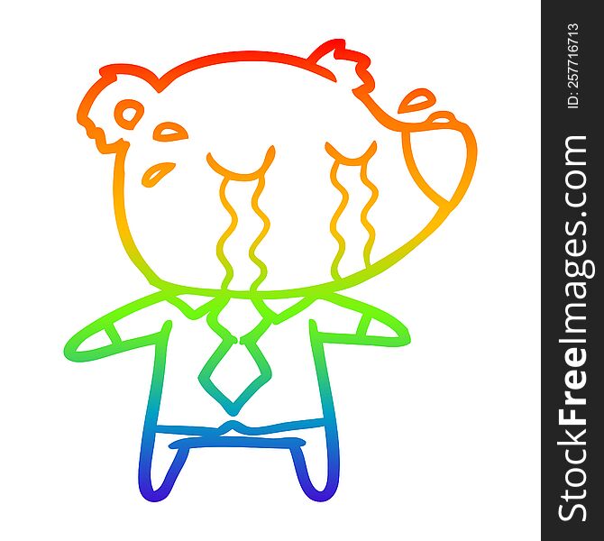 rainbow gradient line drawing of a cartoon crying bear in shirt