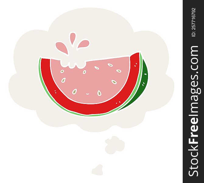 cartoon watermelon with thought bubble in retro style