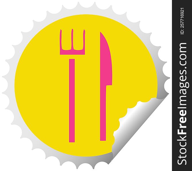 circular peeling sticker cartoon of a knife and fork