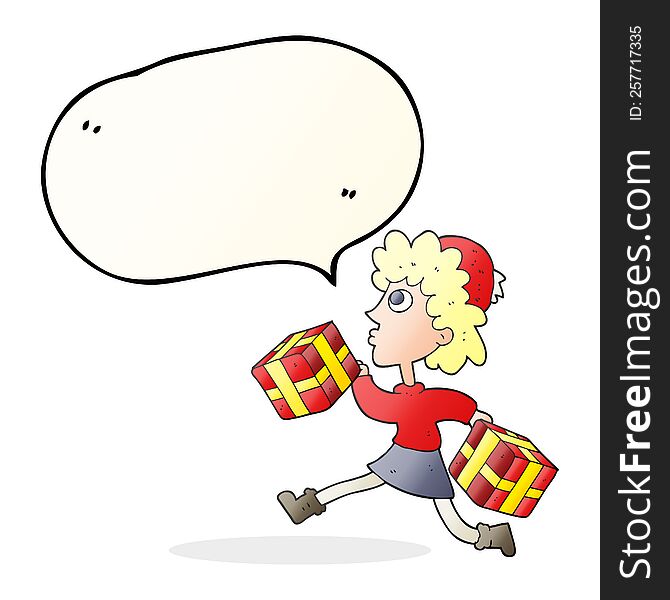 freehand drawn speech bubble cartoon running woman with presents