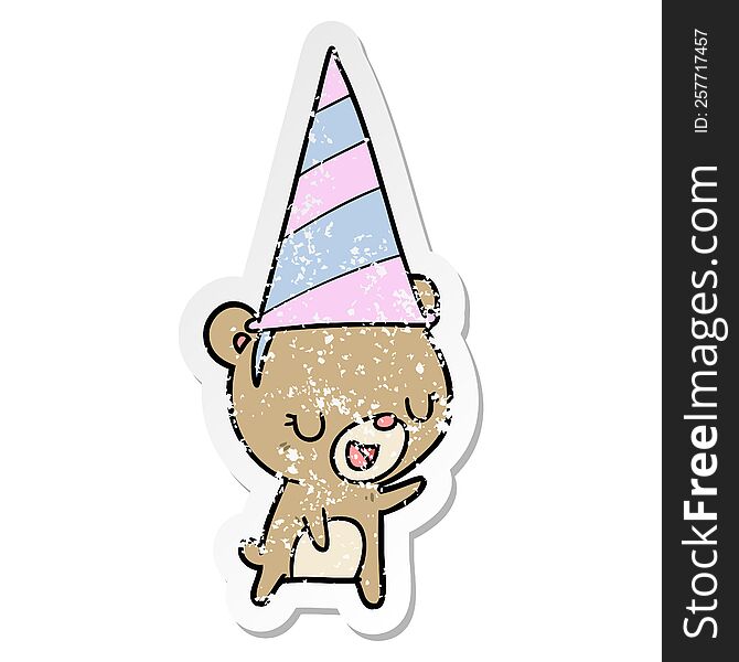 distressed sticker of a cartoon bear wearing party hat
