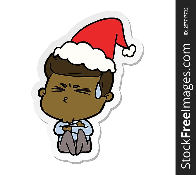 Sticker Cartoon Of A Man Sweating Wearing Santa Hat