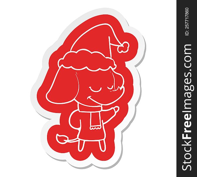 Cartoon  Sticker Of A Smiling Elephant Wearing Scarf Wearing Santa Hat