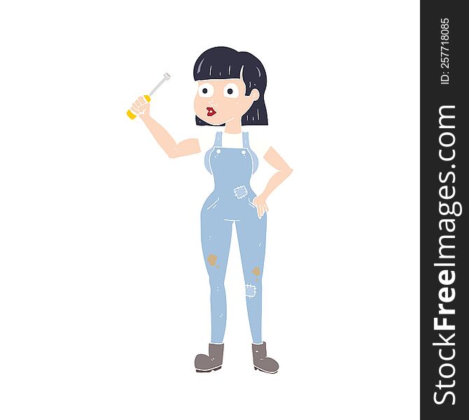 Flat Color Illustration Of A Cartoon Female Mechanic