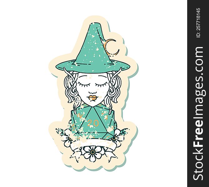 Retro Tattoo Style elf mage character with natural twenty dice roll. Retro Tattoo Style elf mage character with natural twenty dice roll