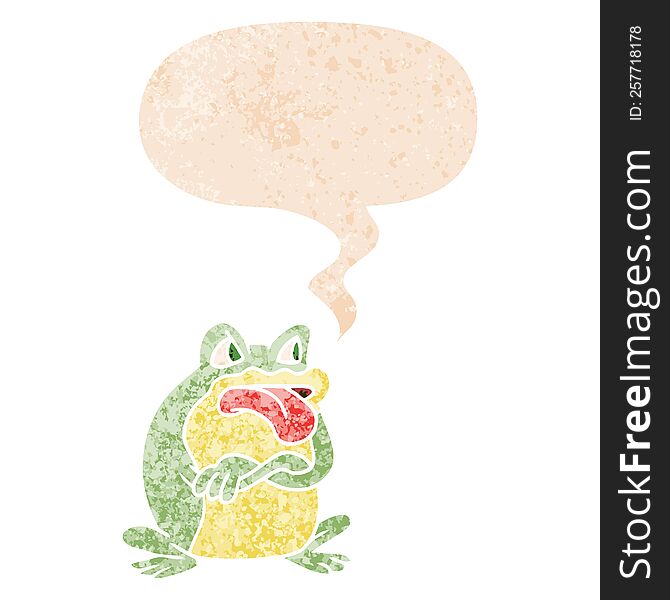 Grumpy Cartoon Frog And Speech Bubble In Retro Textured Style