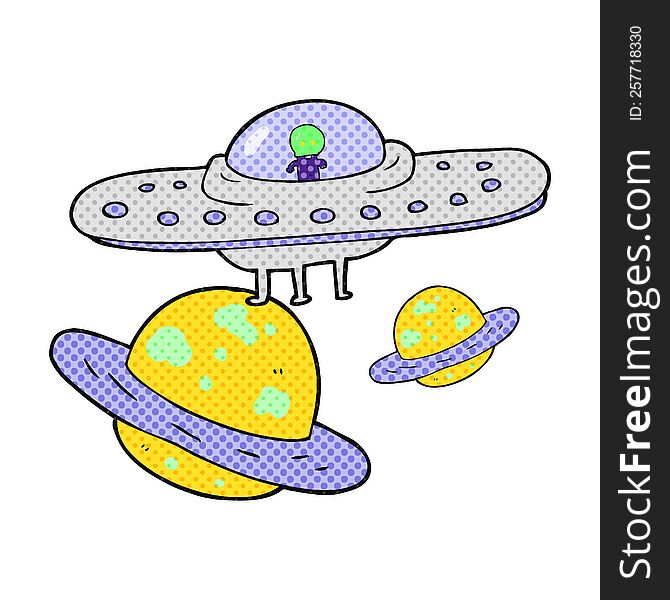 freehand drawn cartoon flying saucer in space
