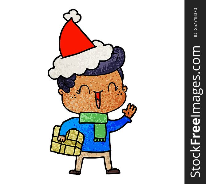 hand drawn textured cartoon of a laughing boy wearing santa hat