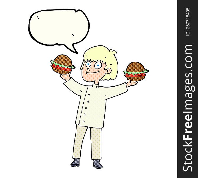 freehand drawn comic book speech bubble cartoon chef with burgers