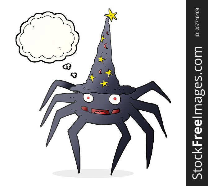 freehand drawn thought bubble cartoon halloween spider in witch hat