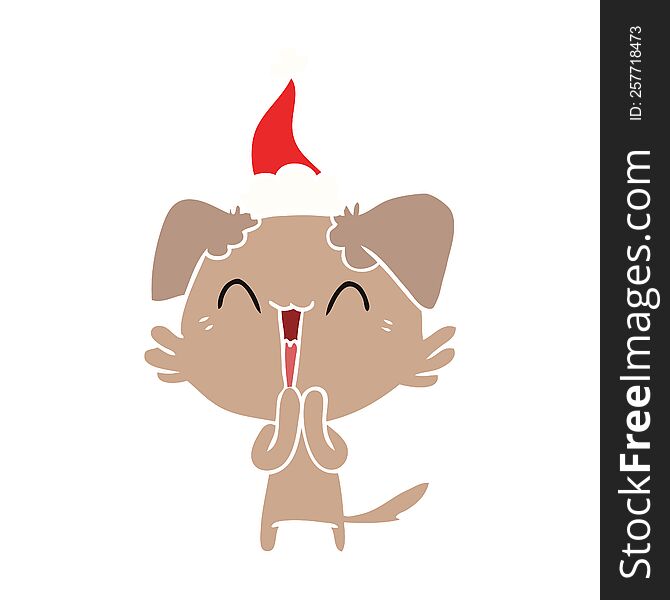 Laughing Little Dog Flat Color Illustration Of A Wearing Santa Hat