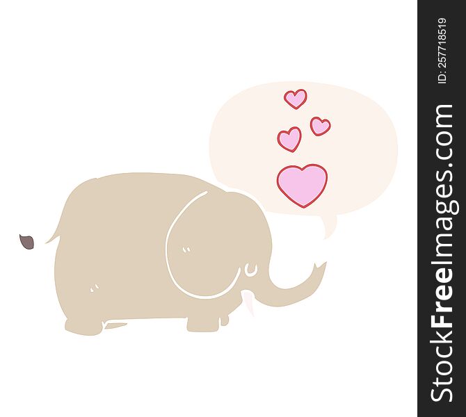 Cute Cartoon Elephant And Love Hearts And Speech Bubble In Retro Style